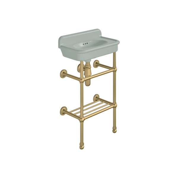 Rockwell Cloakroom Basin 480w x 300d in Willow Green on basin stand. Zero, one or two tap holes.