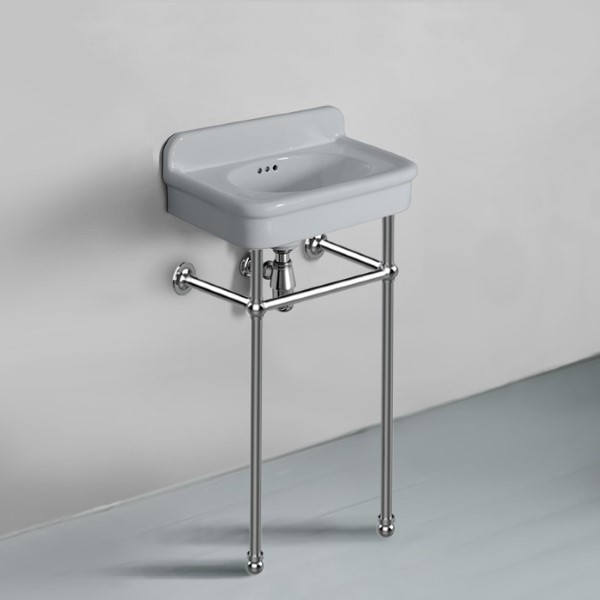 Rockwell Cloakroom Basin 480w x 300d in Seattle Grey on basin stand. Zero, one or two tap holes.