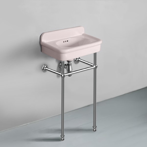 Rockwell Cloakroom Basin 480w x 300d in Pale Pink on basin stand. Zero, one or two tap holes.