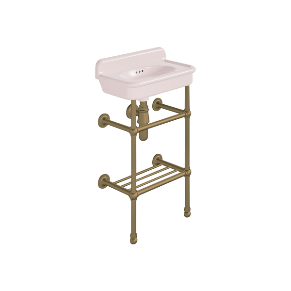 Rockwell Cloakroom Basin 480w x 300d in Pale Pink on basin stand. Zero, one or two tap holes.