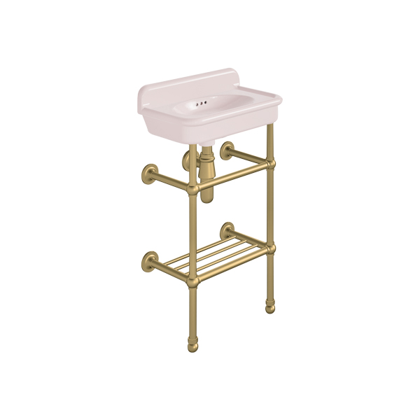 Rockwell Cloakroom Basin 480w x 300d in Pale Pink on basin stand. Zero, one or two tap holes.
