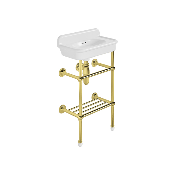 Rockwell Cloakroom Basin 480w x 300d in Snowdrop White on basin stand. Zero, one or two tap holes.