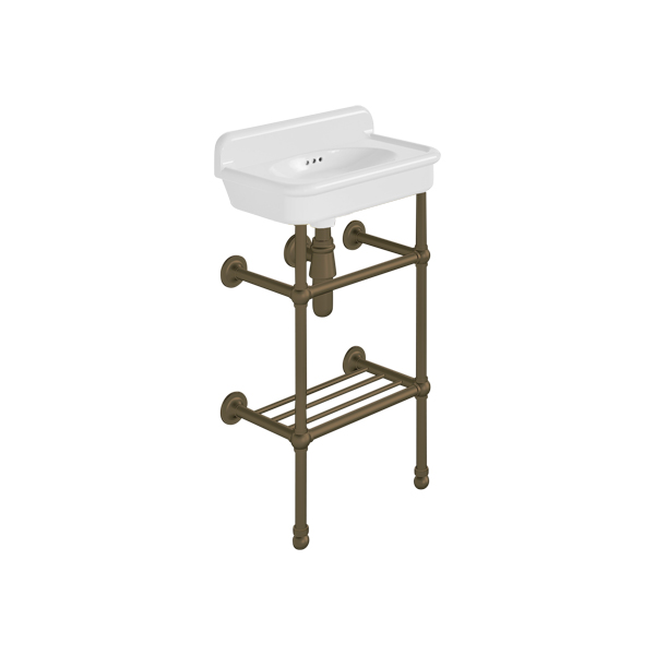 Rockwell Cloakroom Basin 480w x 300d in Snowdrop White on basin stand. Zero, one or two tap holes.