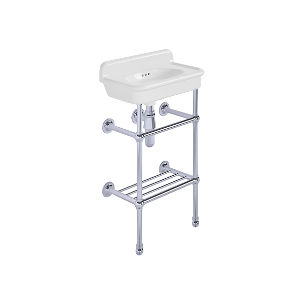 Rockwell Cloakroom Basin 480w x 300d in Snowdrop White on basin stand. Zero, one or two tap holes.