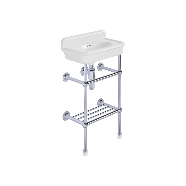Rockwell Cloakroom Basin 480w x 300d in Snowdrop White on basin stand. Zero, one or two tap holes.