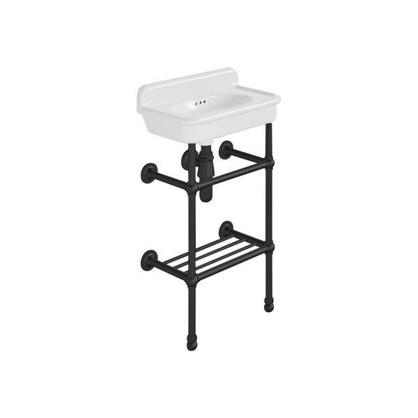Rockwell Cloakroom Basin 480w x 300d in Snowdrop White on basin stand. Zero, one or two tap holes.