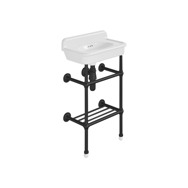 Rockwell Cloakroom Basin 480w x 300d in Snowdrop White on basin stand. Zero, one or two tap holes.