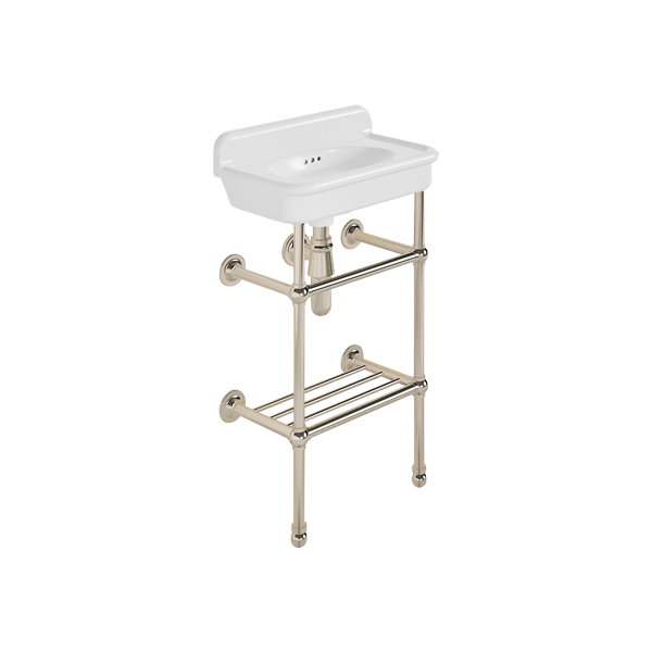 Rockwell Cloakroom Basin 480w x 300d in Snowdrop White on basin stand. Zero, one or two tap holes.
