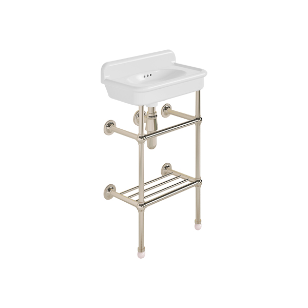 Rockwell Cloakroom Basin 480w x 300d in Snowdrop White on basin stand. Zero, one or two tap holes.