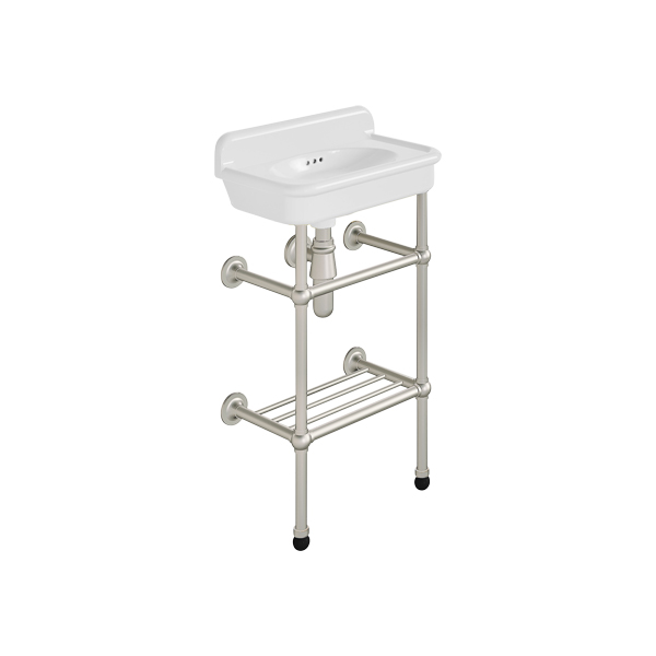 Rockwell Cloakroom Basin 480w x 300d in Snowdrop White on basin stand. Zero, one or two tap holes.