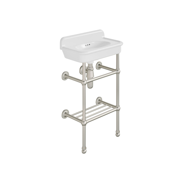 Rockwell Cloakroom Basin 480w x 300d in Snowdrop White on basin stand. Zero, one or two tap holes.