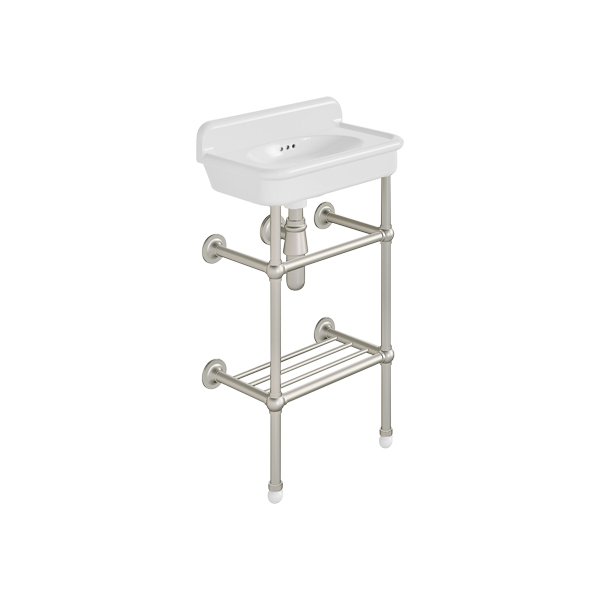 Rockwell Cloakroom Basin 480w x 300d in Snowdrop White on basin stand. Zero, one or two tap holes.