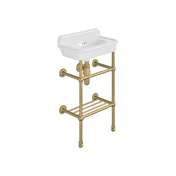 Rockwell Cloakroom Basin 480w x 300d in Snowdrop White on basin stand. Zero, one or two tap holes.
