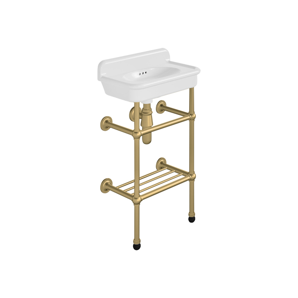 Rockwell Cloakroom Basin 480w x 300d in Snowdrop White on basin stand. Zero, one or two tap holes.