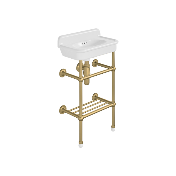 Rockwell Cloakroom Basin 480w x 300d in Snowdrop White on basin stand. Zero, one or two tap holes.