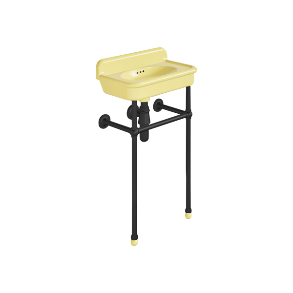 Rockwell Cloakroom Basin 480w x 300d in Sherbet Yellow on basin stand. Zero, one or two tap holes.
