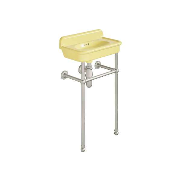 Rockwell Cloakroom Basin 480w x 300d in Sherbet Yellow on basin stand. Zero, one or two tap holes.