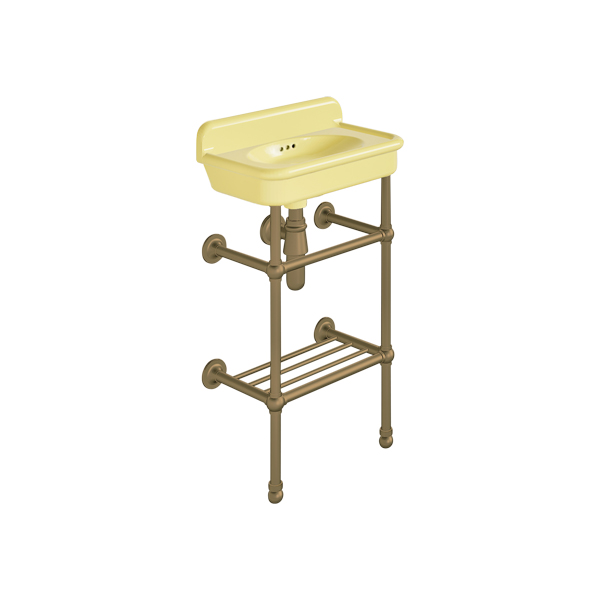 Rockwell Cloakroom Basin 480w x 300d in Sherbet Yellow on basin stand. Zero, one or two tap holes.
