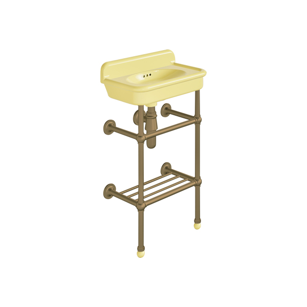 Rockwell Cloakroom Basin 480w x 300d in Sherbet Yellow on basin stand. Zero, one or two tap holes.