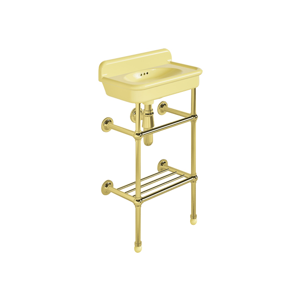 Rockwell Cloakroom Basin 480w x 300d in Sherbet Yellow on basin stand. Zero, one or two tap holes.