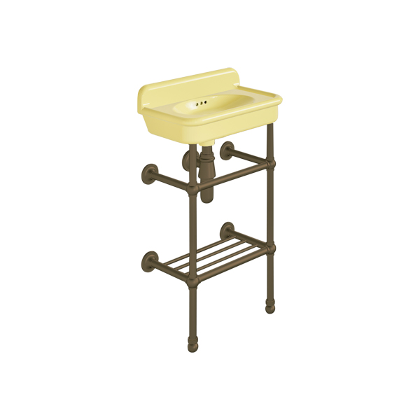 Rockwell Cloakroom Basin 480w x 300d in Sherbet Yellow on basin stand. Zero, one or two tap holes.