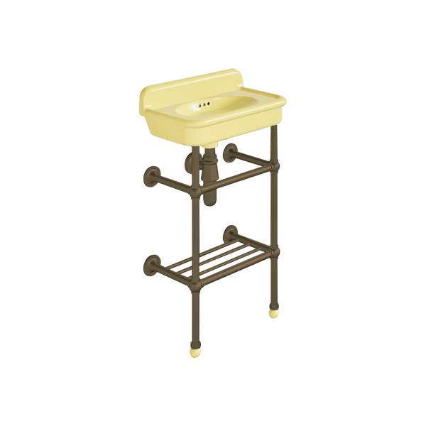 Rockwell Cloakroom Basin 480w x 300d in Sherbet Yellow on basin stand. Zero, one or two tap holes.