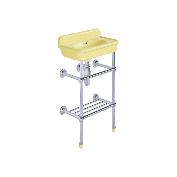Rockwell Cloakroom Basin 480w x 300d in Sherbet Yellow on basin stand. Zero, one or two tap holes.