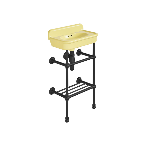 Rockwell Cloakroom Basin 480w x 300d in Sherbet Yellow on basin stand. Zero, one or two tap holes.