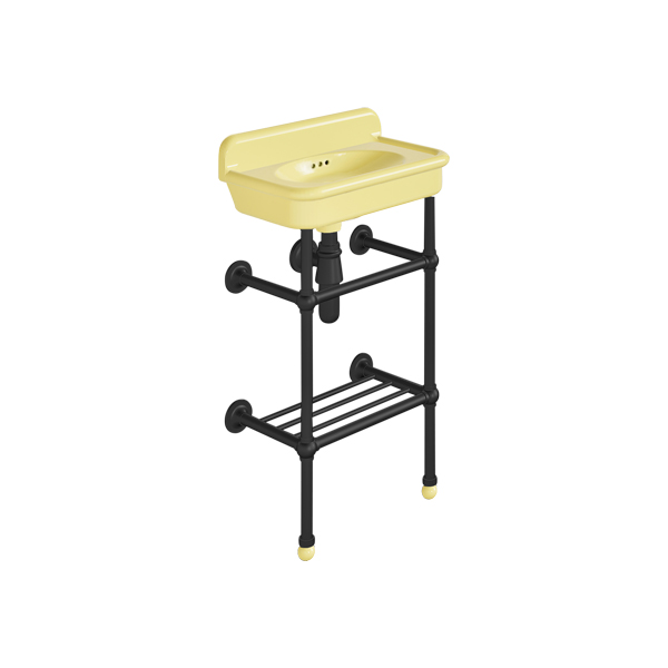 Rockwell Cloakroom Basin 480w x 300d in Sherbet Yellow on basin stand. Zero, one or two tap holes.