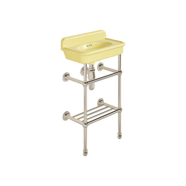 Rockwell Cloakroom Basin 480w x 300d in Sherbet Yellow on basin stand. Zero, one or two tap holes.