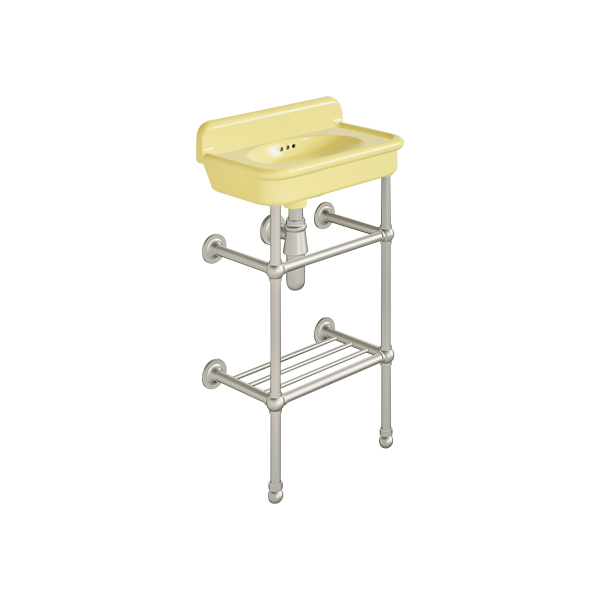 Rockwell Cloakroom Basin 480w x 300d in Sherbet Yellow on basin stand. Zero, one or two tap holes.