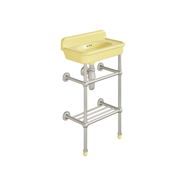 Rockwell Cloakroom Basin 480w x 300d in Sherbet Yellow on basin stand. Zero, one or two tap holes.