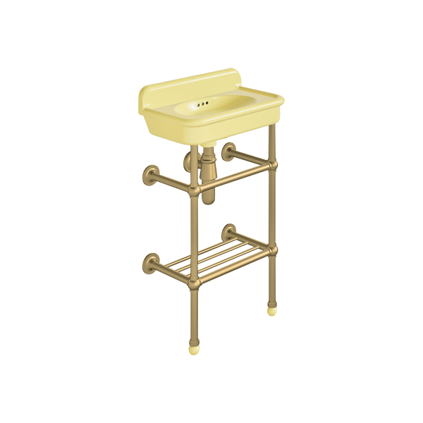 Rockwell Cloakroom Basin 480w x 300d in Sherbet Yellow on basin stand. Zero, one or two tap holes.