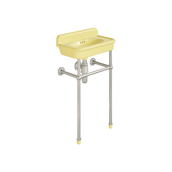 Rockwell Cloakroom Basin 480w x 300d in Sherbet Yellow on basin stand. Zero, one or two tap holes.
