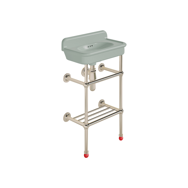 Rockwell Cloakroom Basin 480w x 300d in Powder Blue on basin stand with shelf. Zero, one or two tap holes.