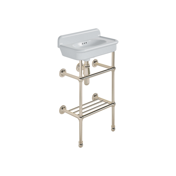 Rockwell Cloakroom Basin 480w x 300d in Seattle Grey on basin stand with shelf. Zero, one or two tap holes.