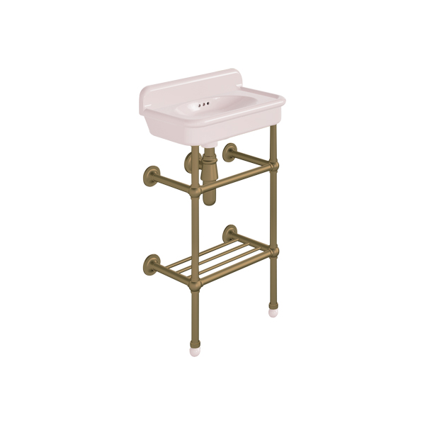 Rockwell Cloakroom Basin 480w x 300d in Pale Pink on basin stand with shelf. Zero, one or two tap holes.