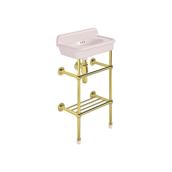 Rockwell Cloakroom Basin 480w x 300d in Pale Pink on basin stand with shelf. Zero, one or two tap holes.