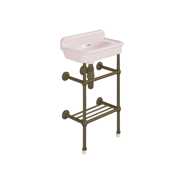 Rockwell Cloakroom Basin 480w x 300d in Pale Pink on basin stand with shelf. Zero, one or two tap holes.