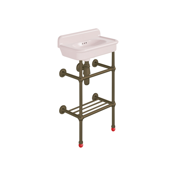 Rockwell Cloakroom Basin 480w x 300d in Pale Pink on basin stand with shelf. Zero, one or two tap holes.