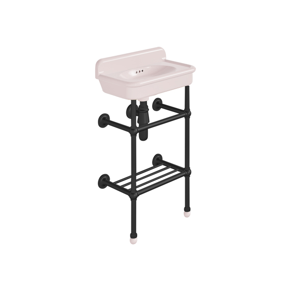 Rockwell Cloakroom Basin 480w x 300d in Pale Pink on basin stand with shelf. Zero, one or two tap holes.