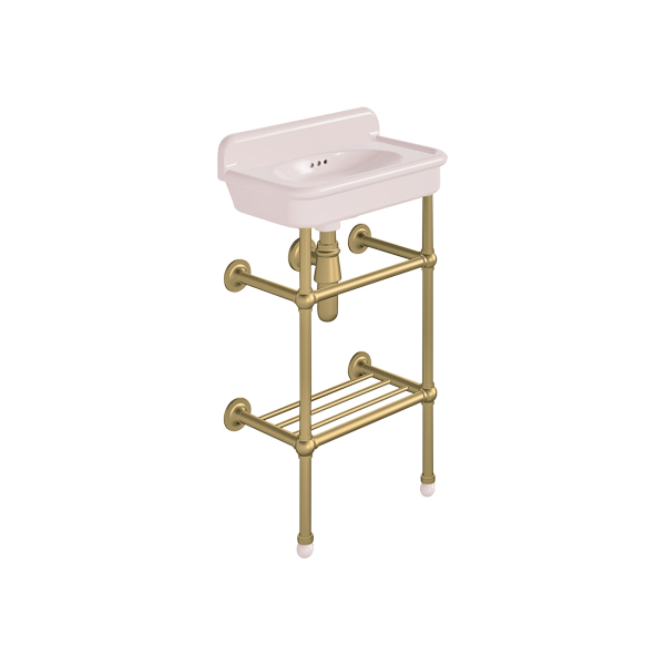 Rockwell Cloakroom Basin 480w x 300d in Pale Pink on basin stand with shelf. Zero, one or two tap holes.